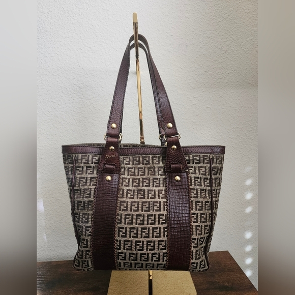 Fendi Brown Zucchino Canvas and Leather Tote - Picture 1 of 14